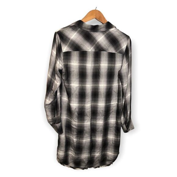 Cloth and Stone Plaid Shirt Dress XS Long Sleeve Popover Raw Hem‎ Black White - Picture 2 of 4